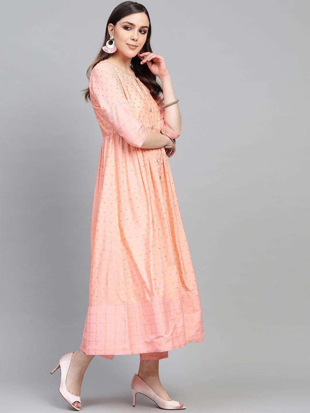 Peach Embroidered Chanderi Kurta Set