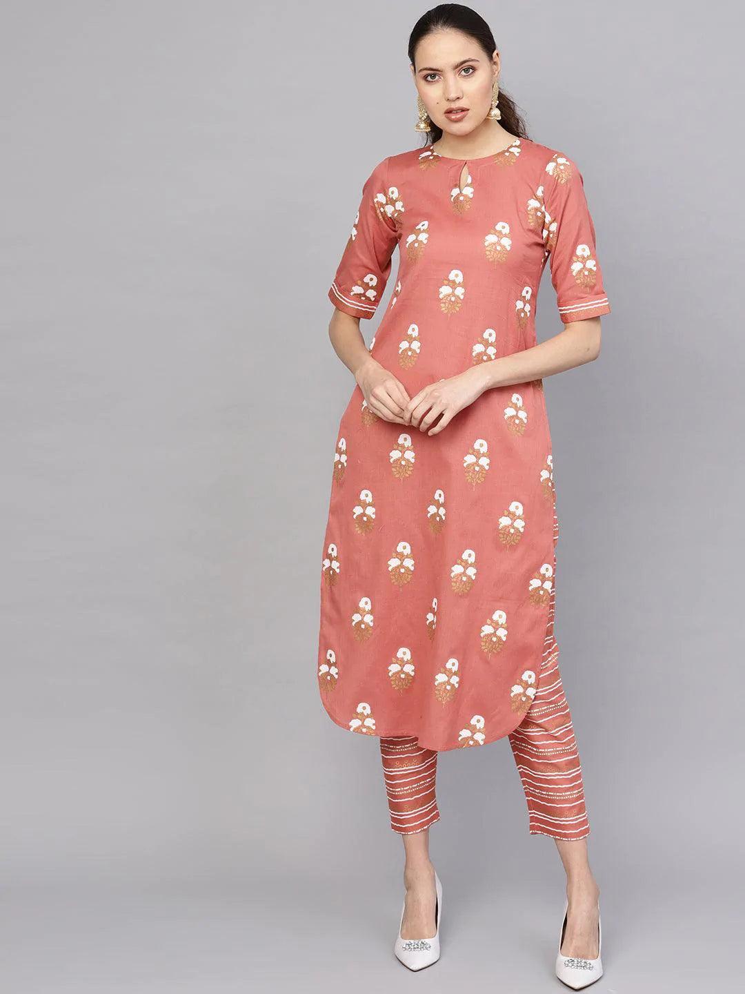 Rust Printed Cotton Kurta Set