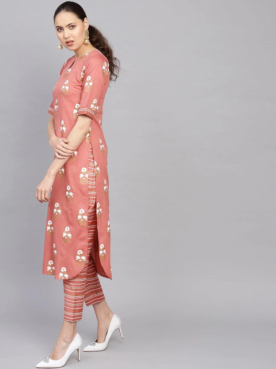 Rust Printed Cotton Kurta Set