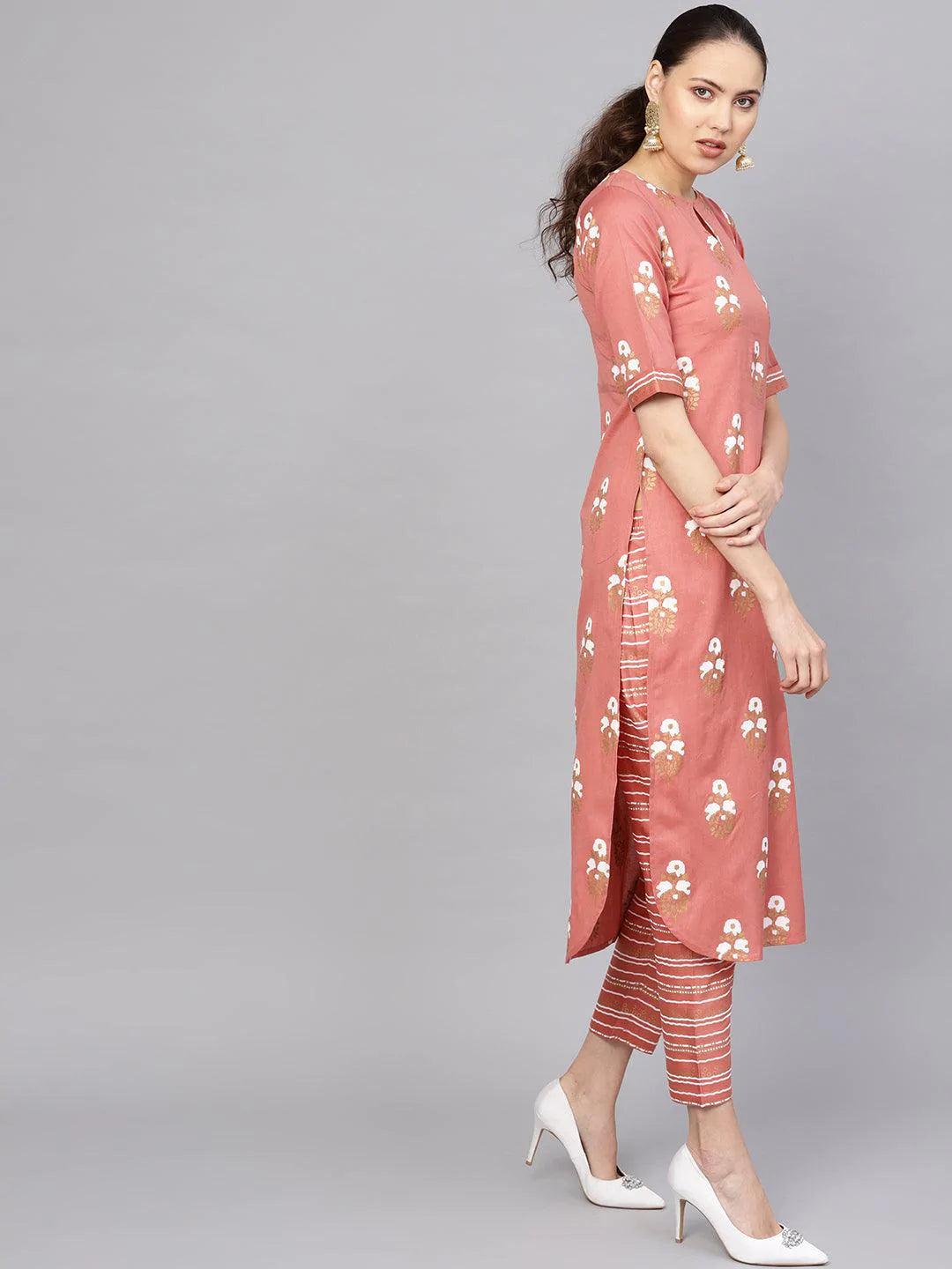 Rust Printed Cotton Kurta Set