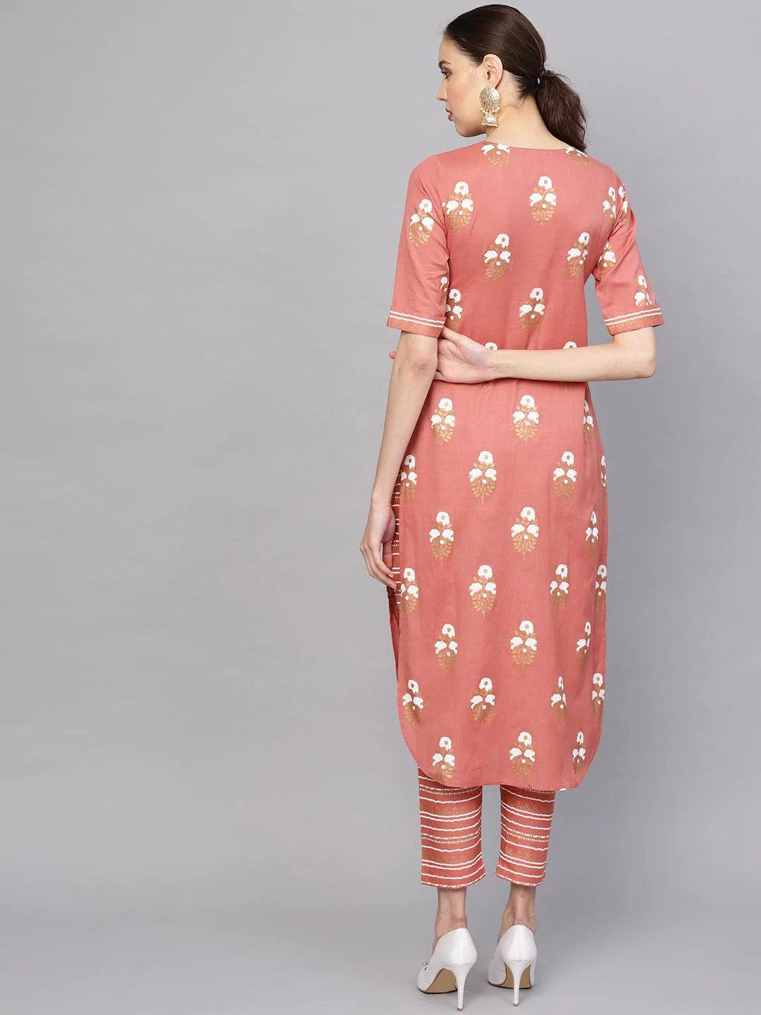 Rust Printed Cotton Kurta Set