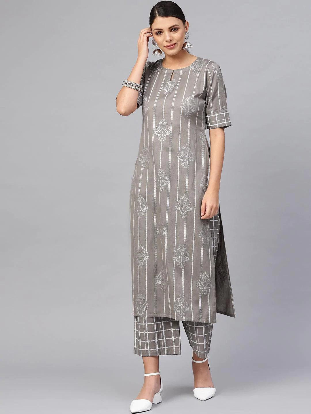 Grey Printed Cotton Kurta Set