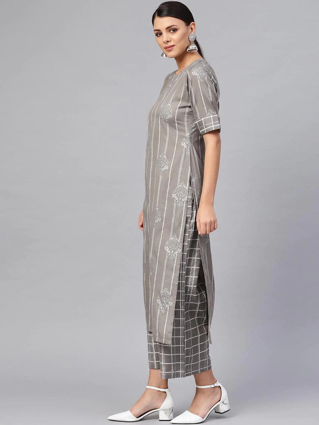 Grey Printed Cotton Kurta Set