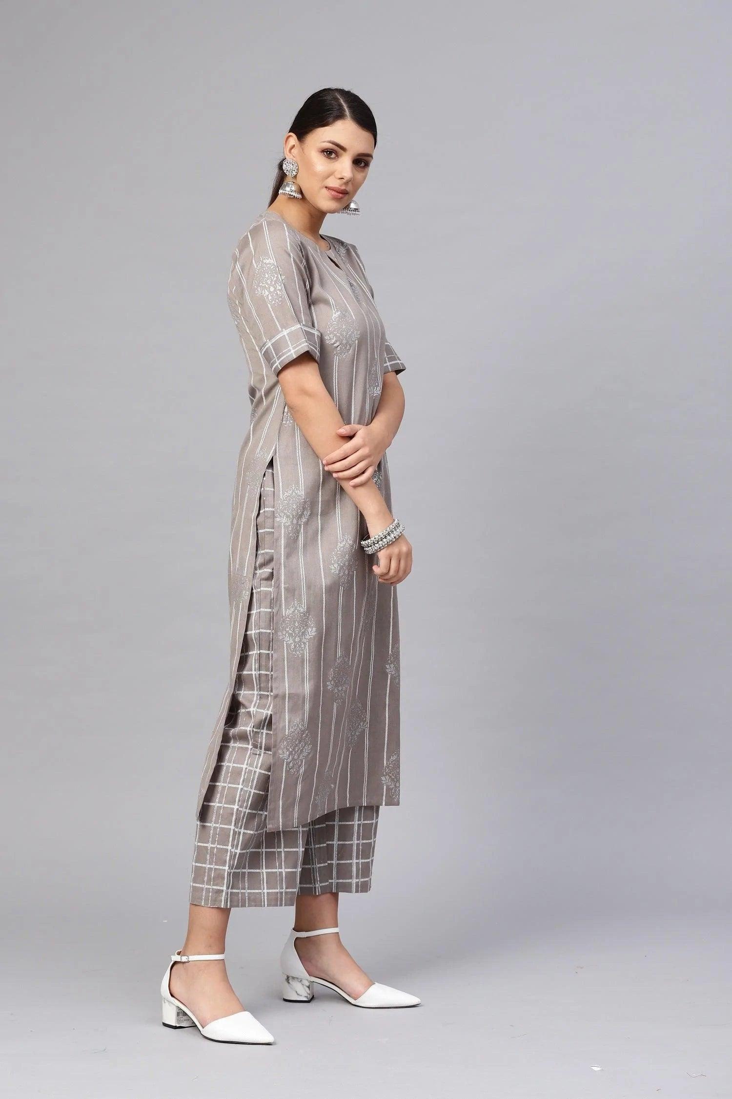 Grey Printed Cotton Kurta Set