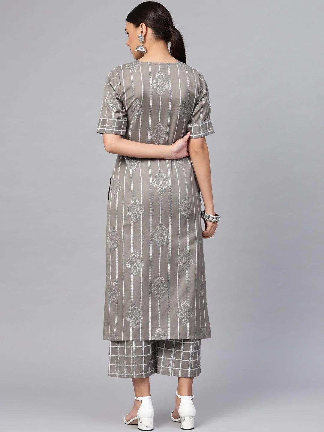 Grey Printed Cotton Kurta Set