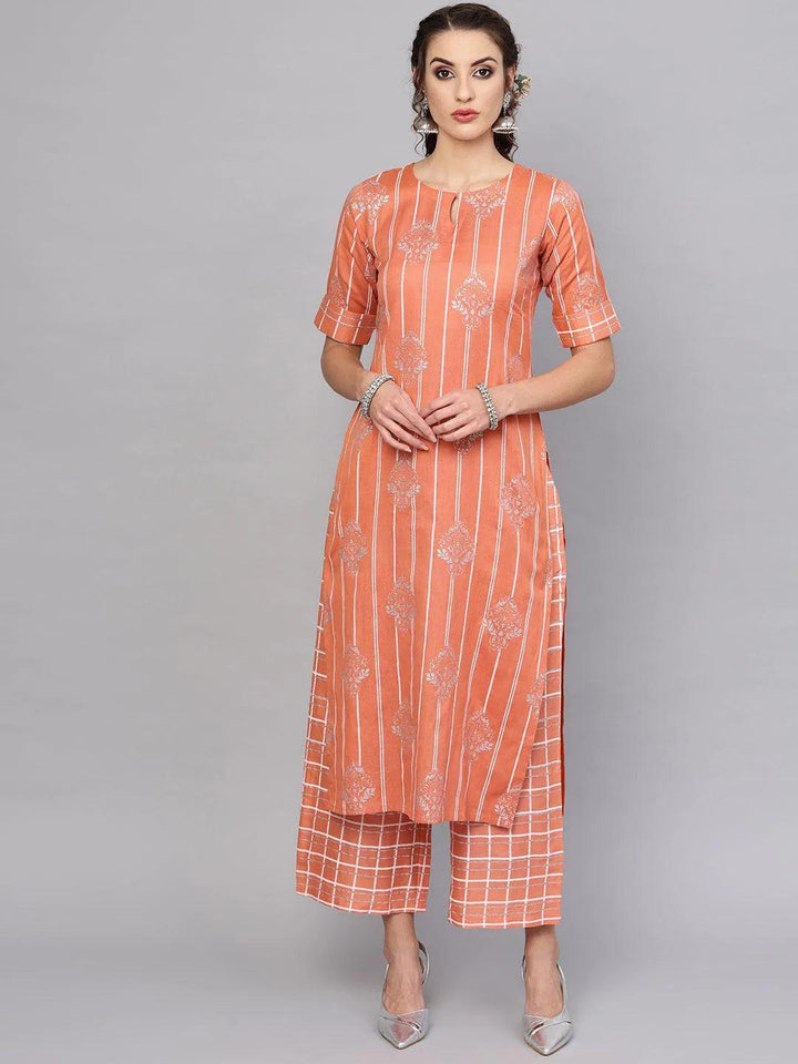 Peach Printed Cotton Kurta Set - ShopLibas