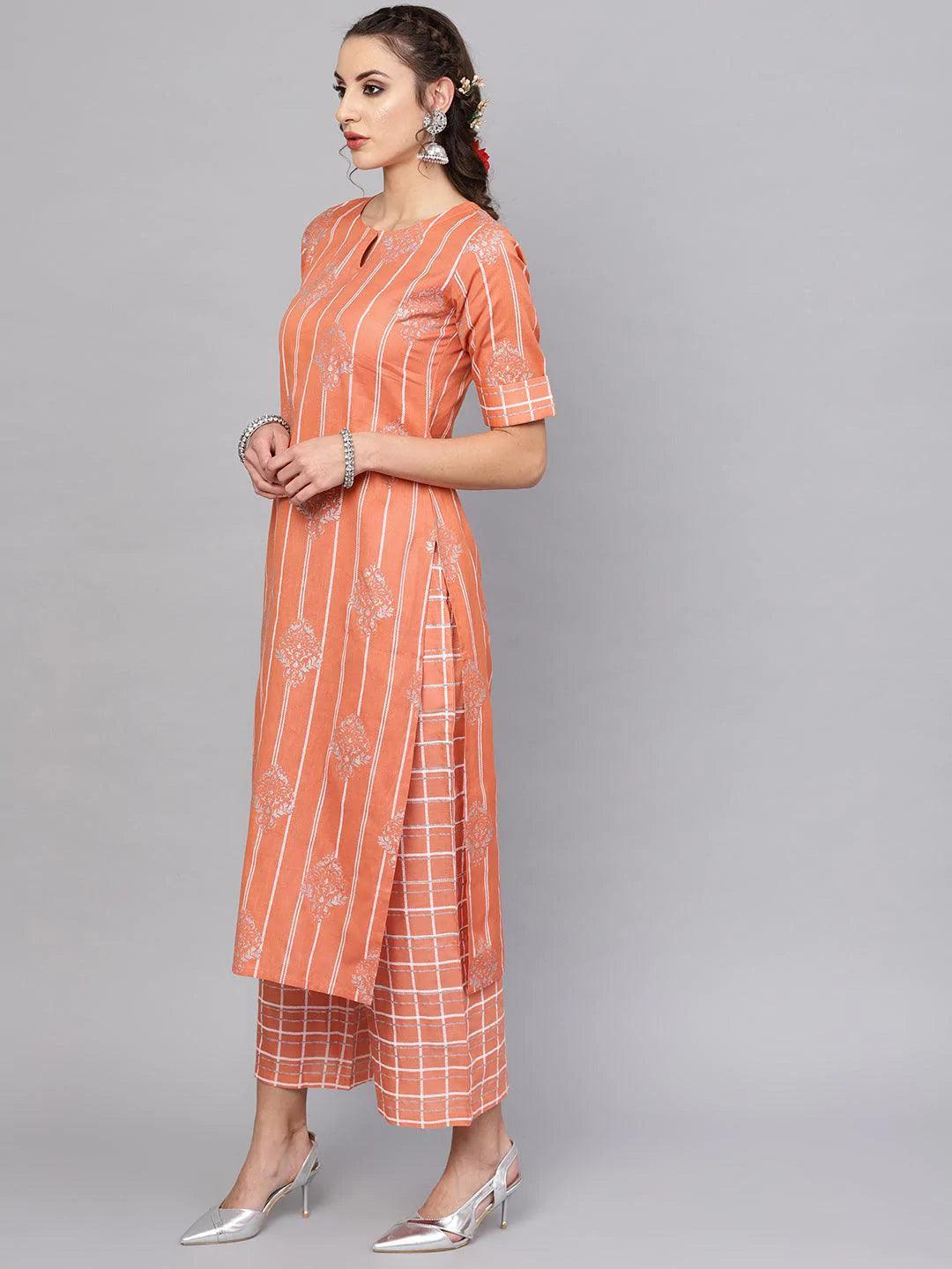 Peach Printed Cotton Kurta Set - ShopLibas