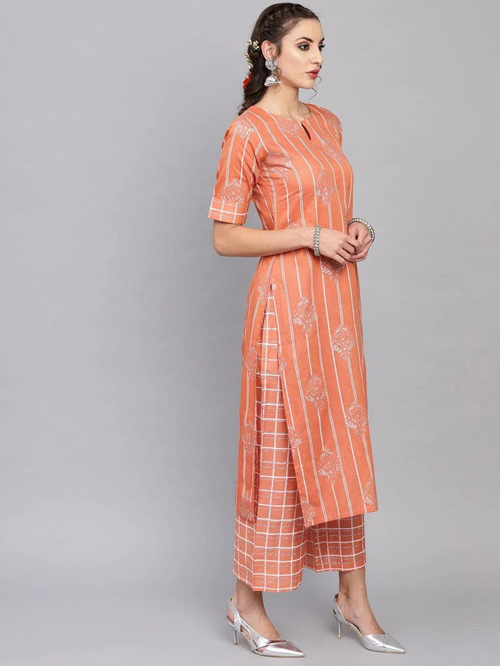 Peach Printed Cotton Kurta Set - ShopLibas