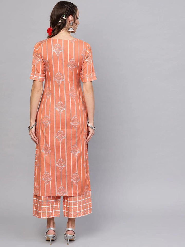 Peach Printed Cotton Kurta Set - ShopLibas