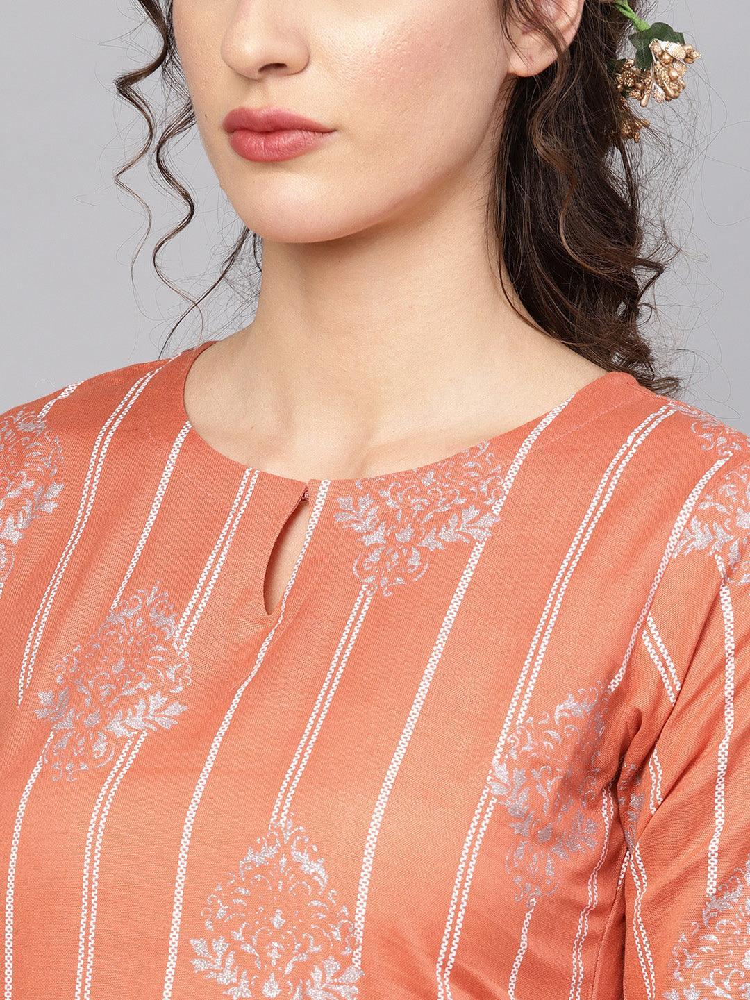 Peach Printed Cotton Kurta Set - ShopLibas