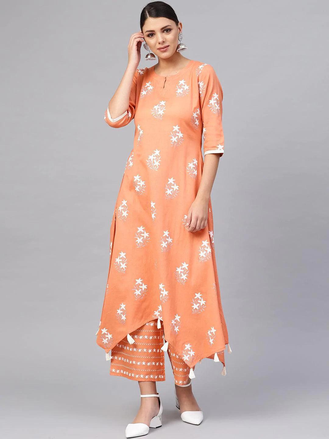 Peach Printed Cotton Kurta Set