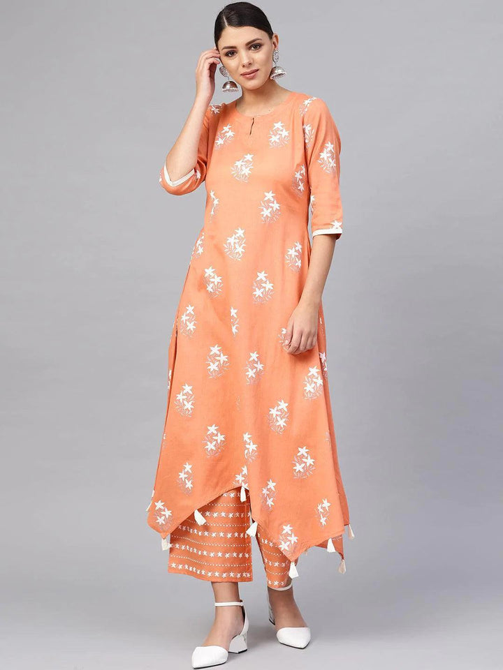 Peach Printed Cotton Kurta Set - ShopLibas