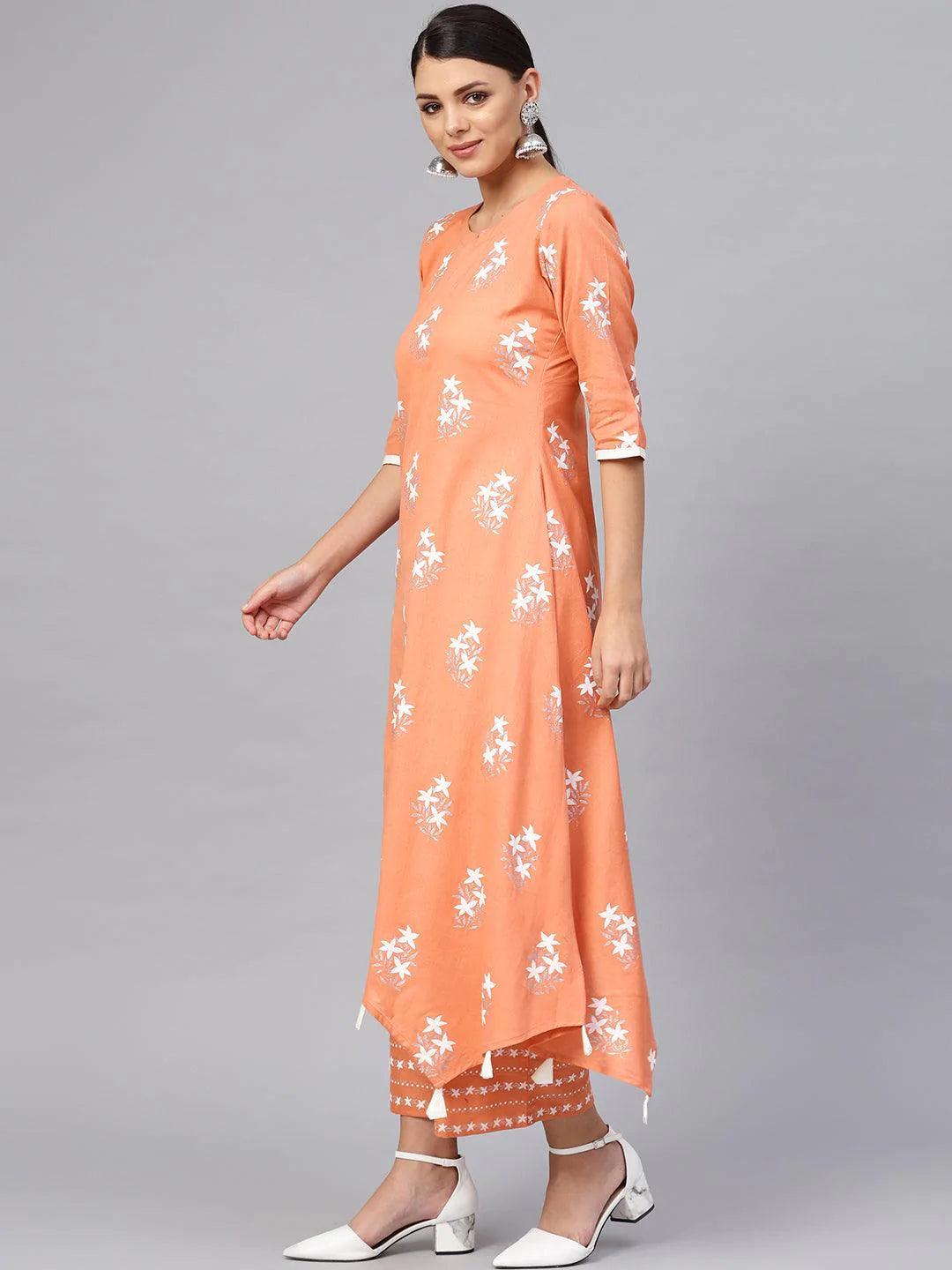 Peach Printed Cotton Kurta Set