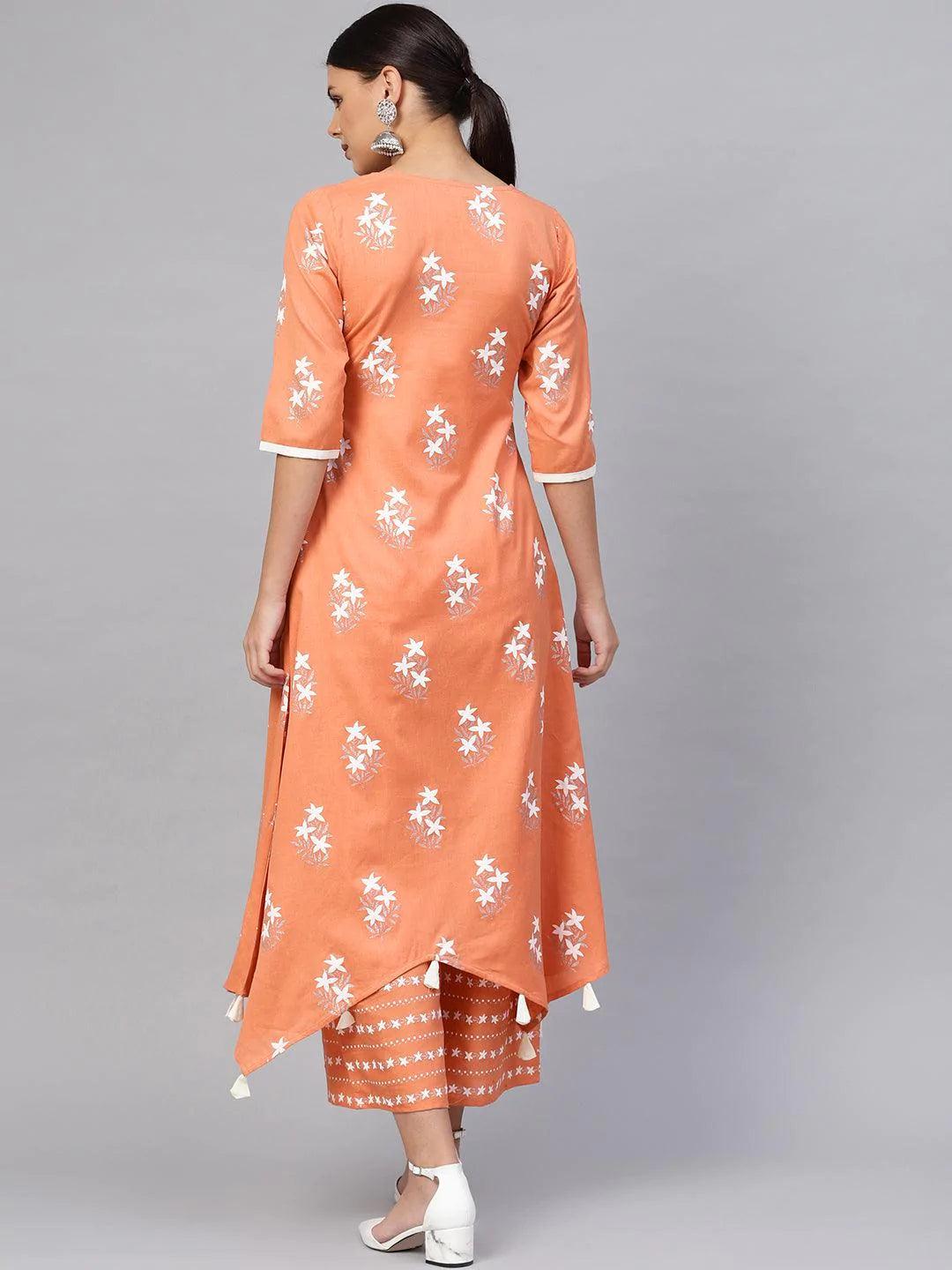 Peach Printed Cotton Kurta Set