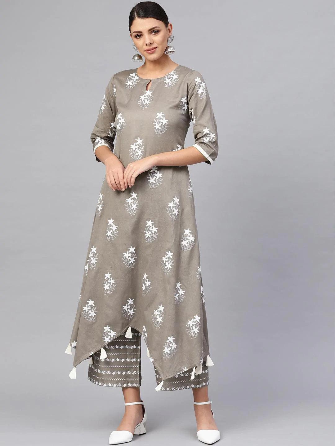 Grey Printed Cotton Kurta Set