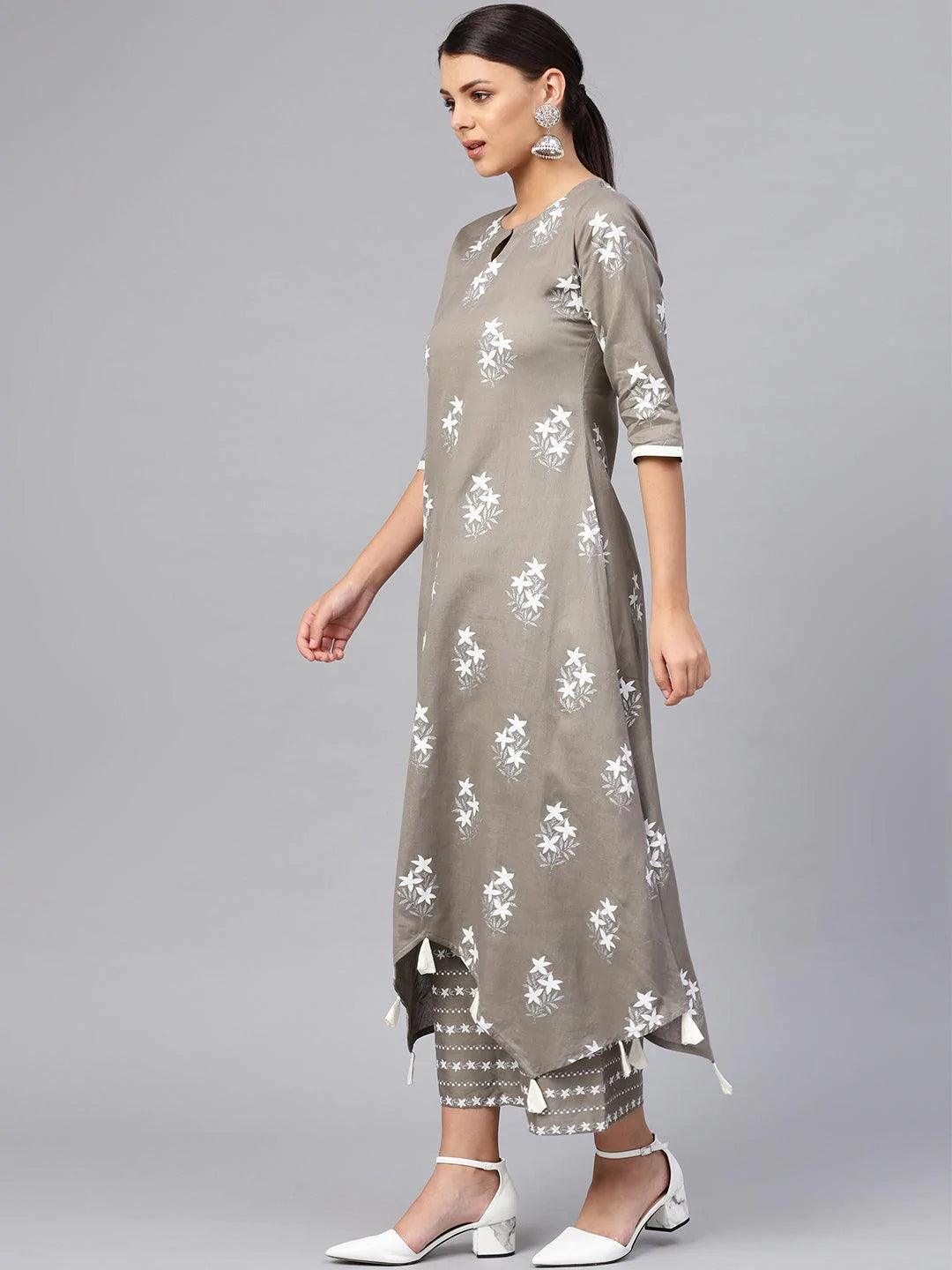 Grey Printed Cotton Kurta Set