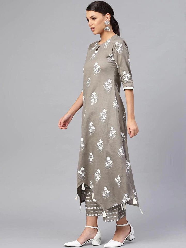 Grey Printed Cotton Kurta Set - ShopLibas