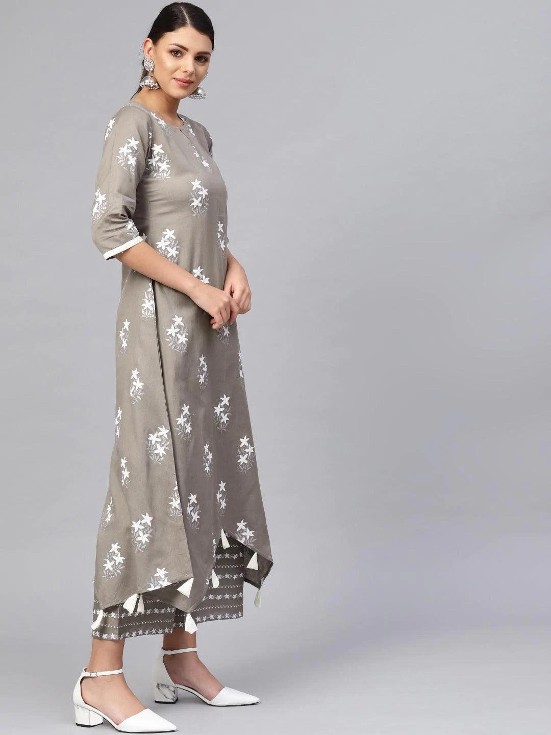 Grey Printed Cotton Kurta Set