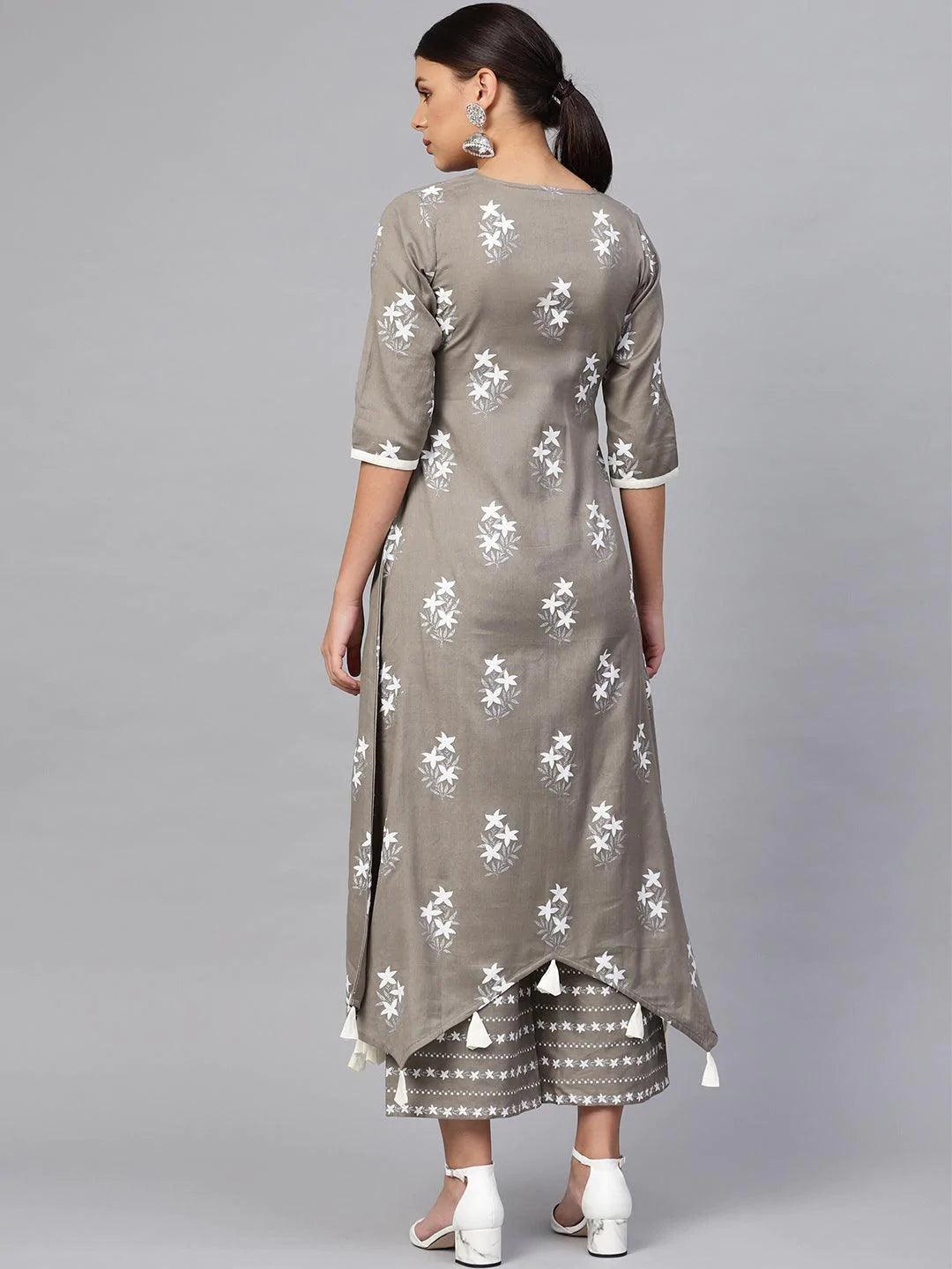 Grey Printed Cotton Kurta Set