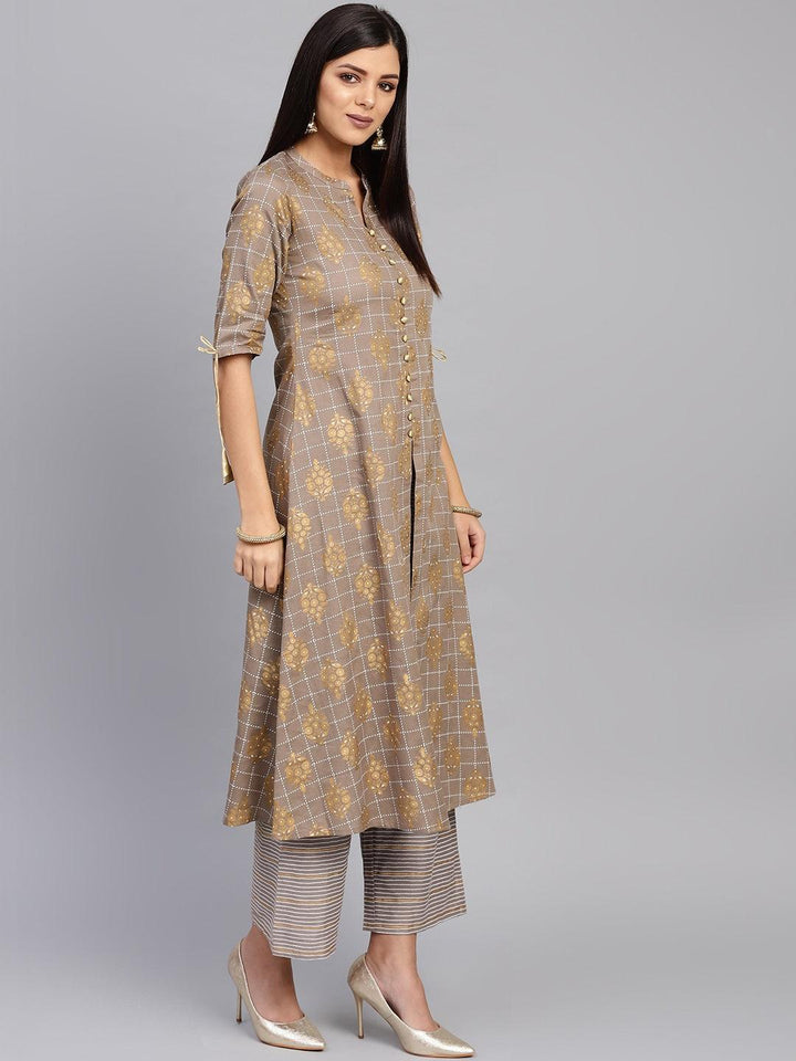 Grey Printed Cotton Kurta Set - ShopLibas