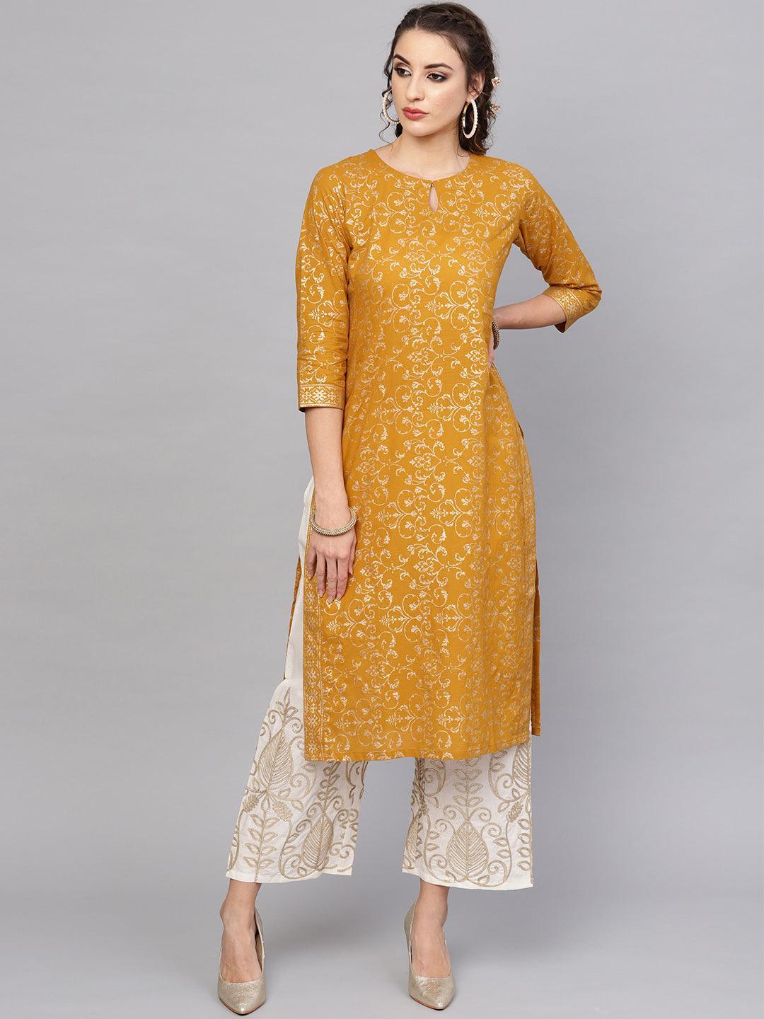 Yellow Printed Cotton Kurta Set