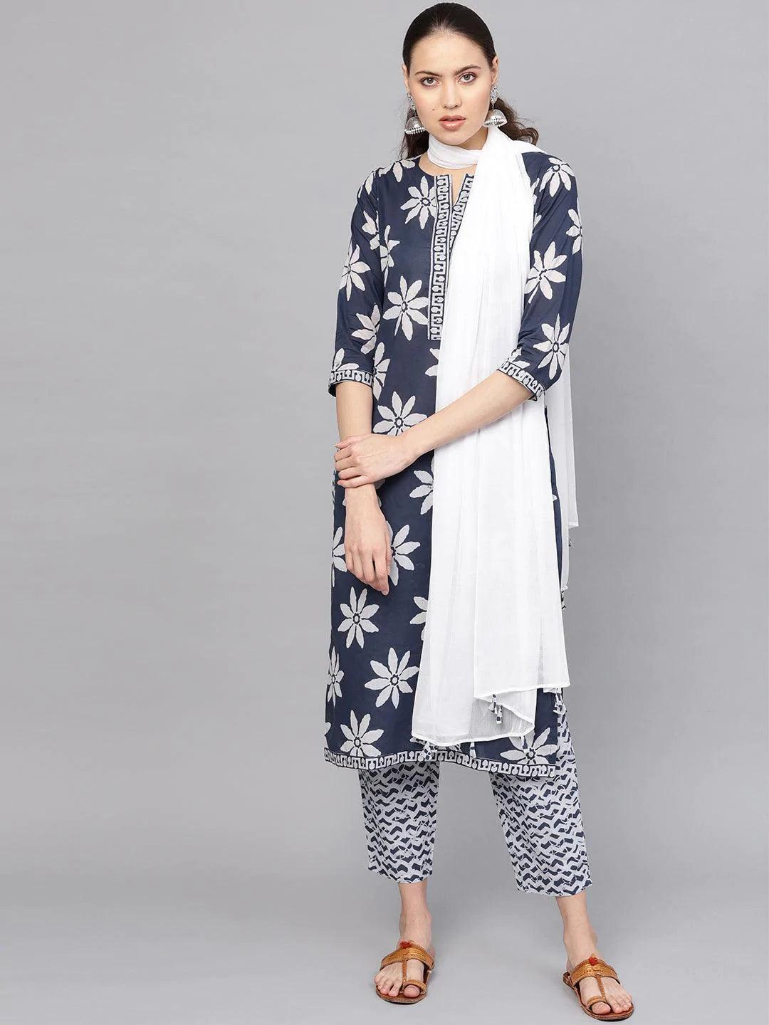 Blue Printed Cotton Suit Set - ShopLibas