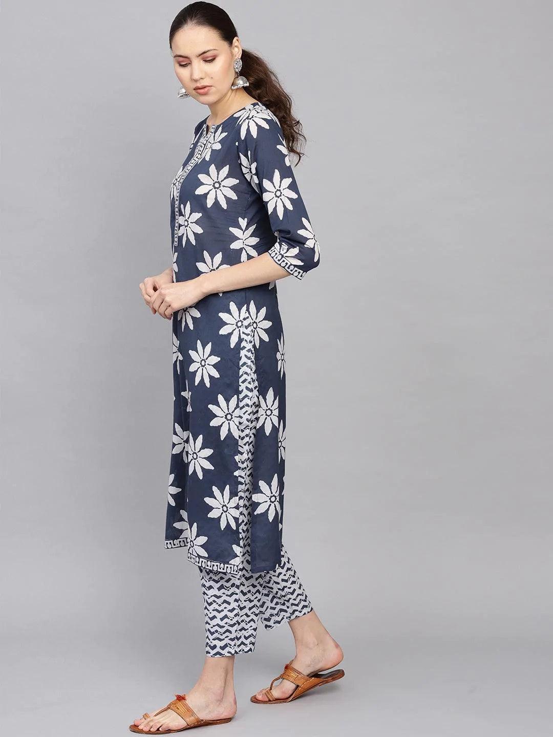 Blue Printed Cotton Suit Set