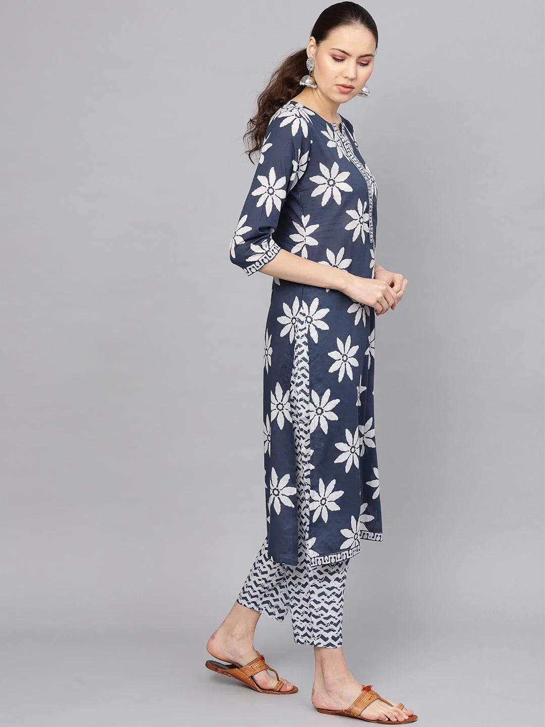 Blue Printed Cotton Suit Set