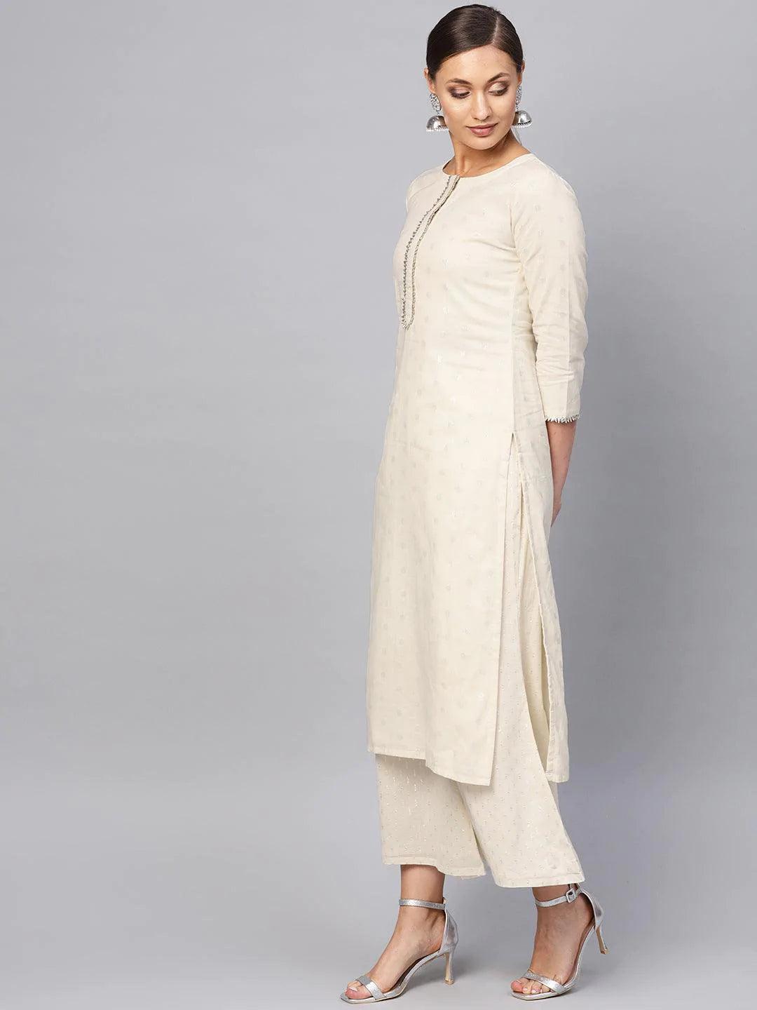 White Embroidered Cotton Kurta Set