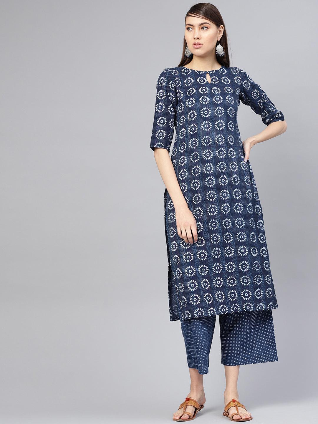 Blue Printed Cotton Kurta Set