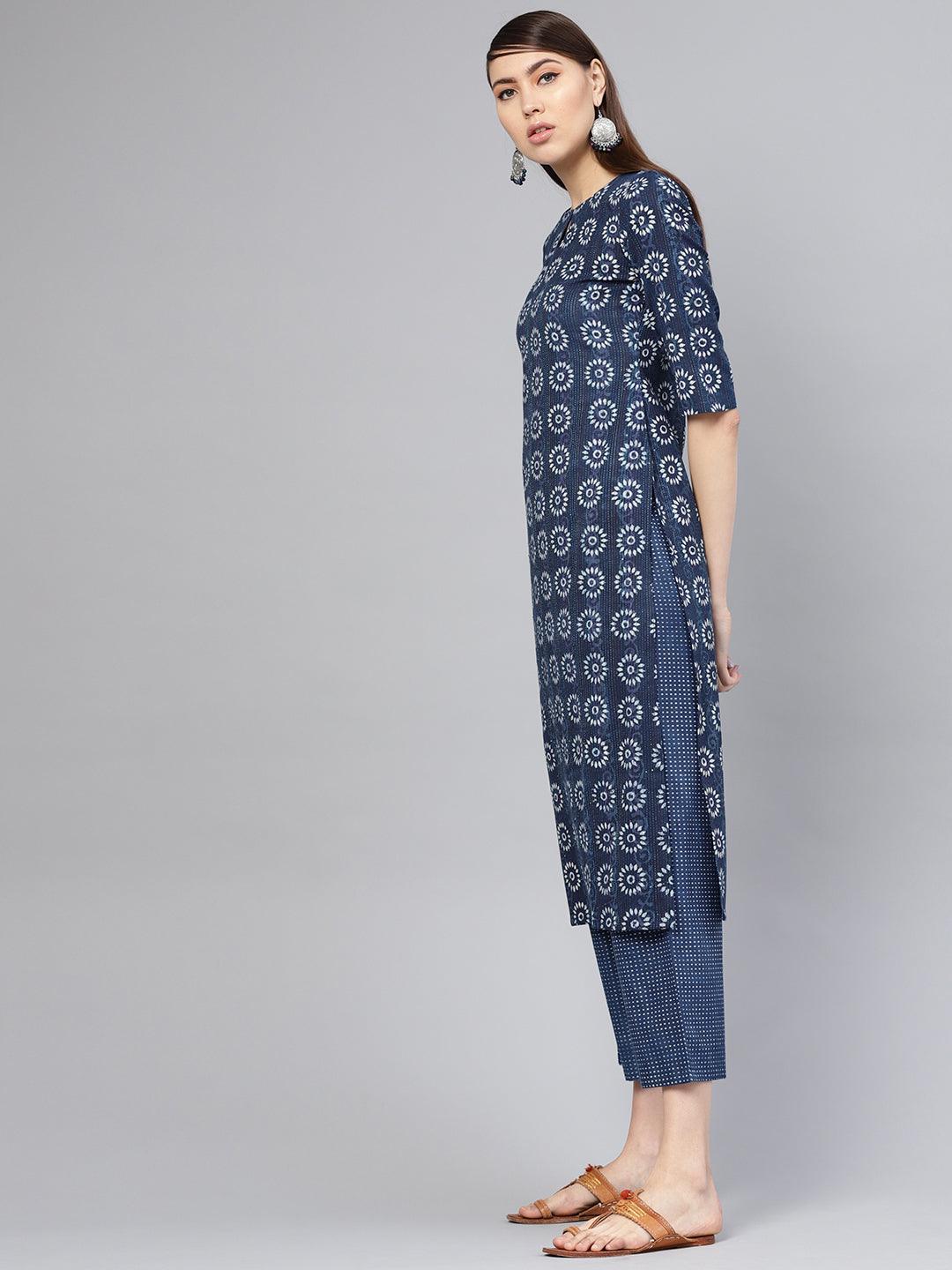 Blue Printed Cotton Kurta Set