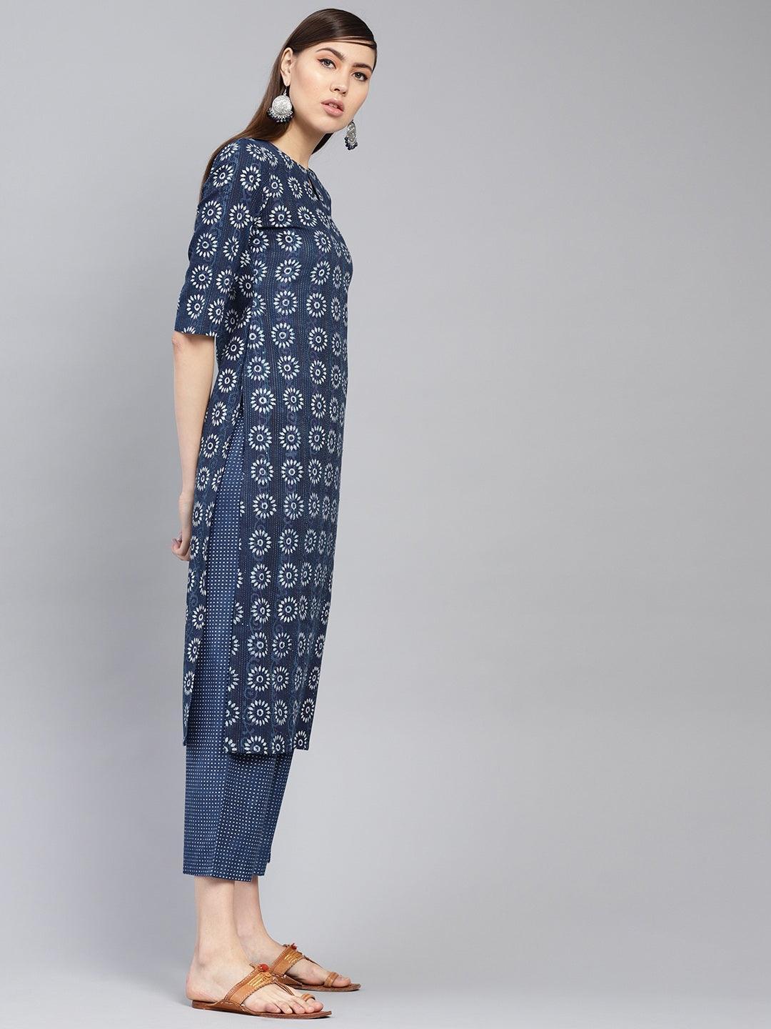 Blue Printed Cotton Kurta Set