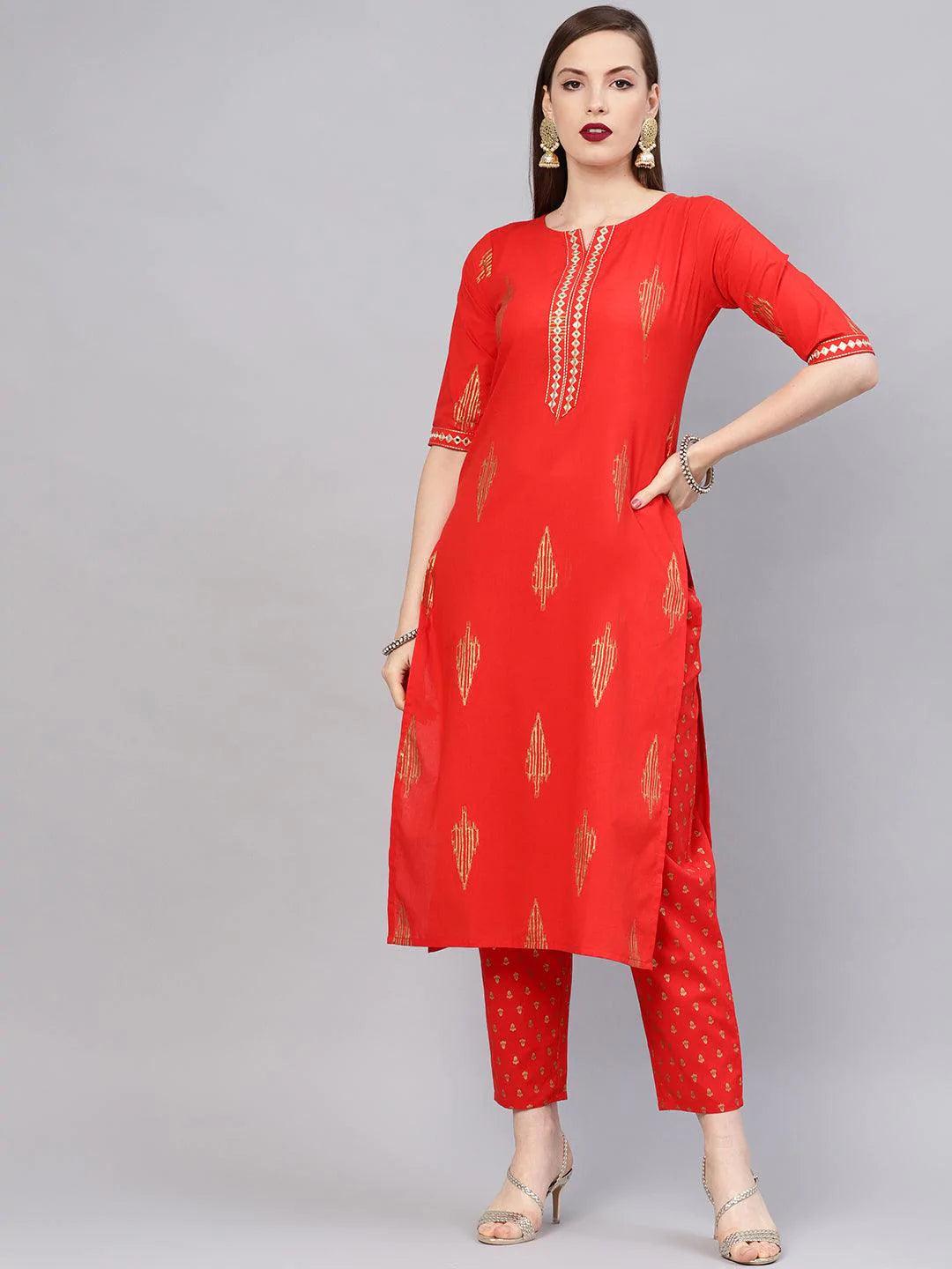 Red Printed Cotton Kurta Set