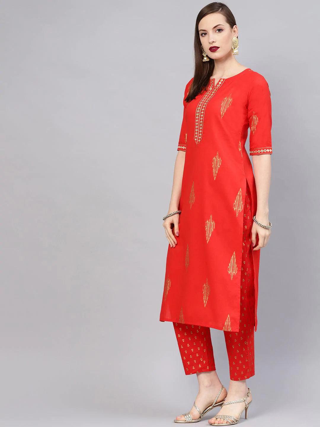 Red Printed Cotton Kurta Set