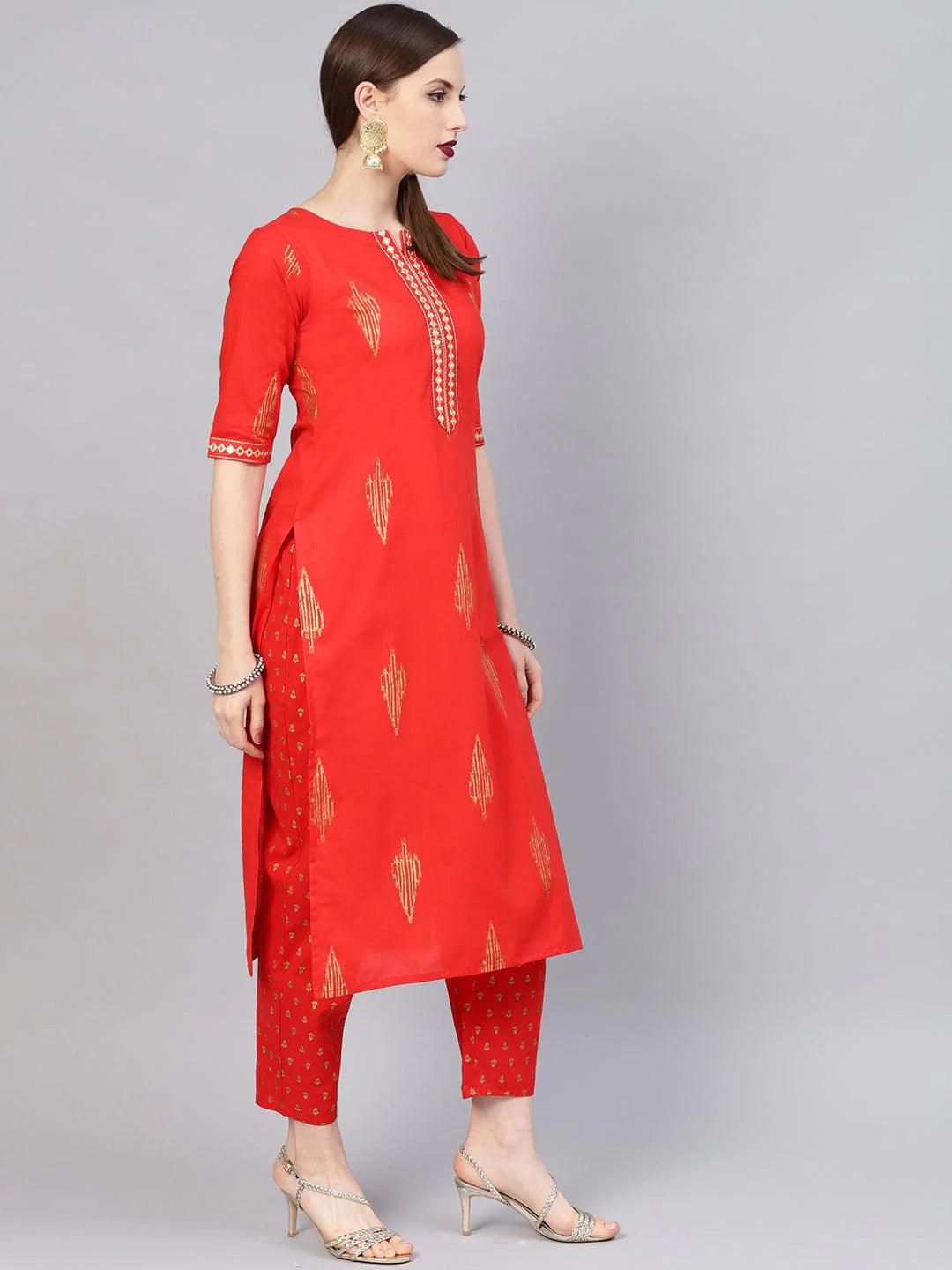 Red Printed Cotton Kurta Set