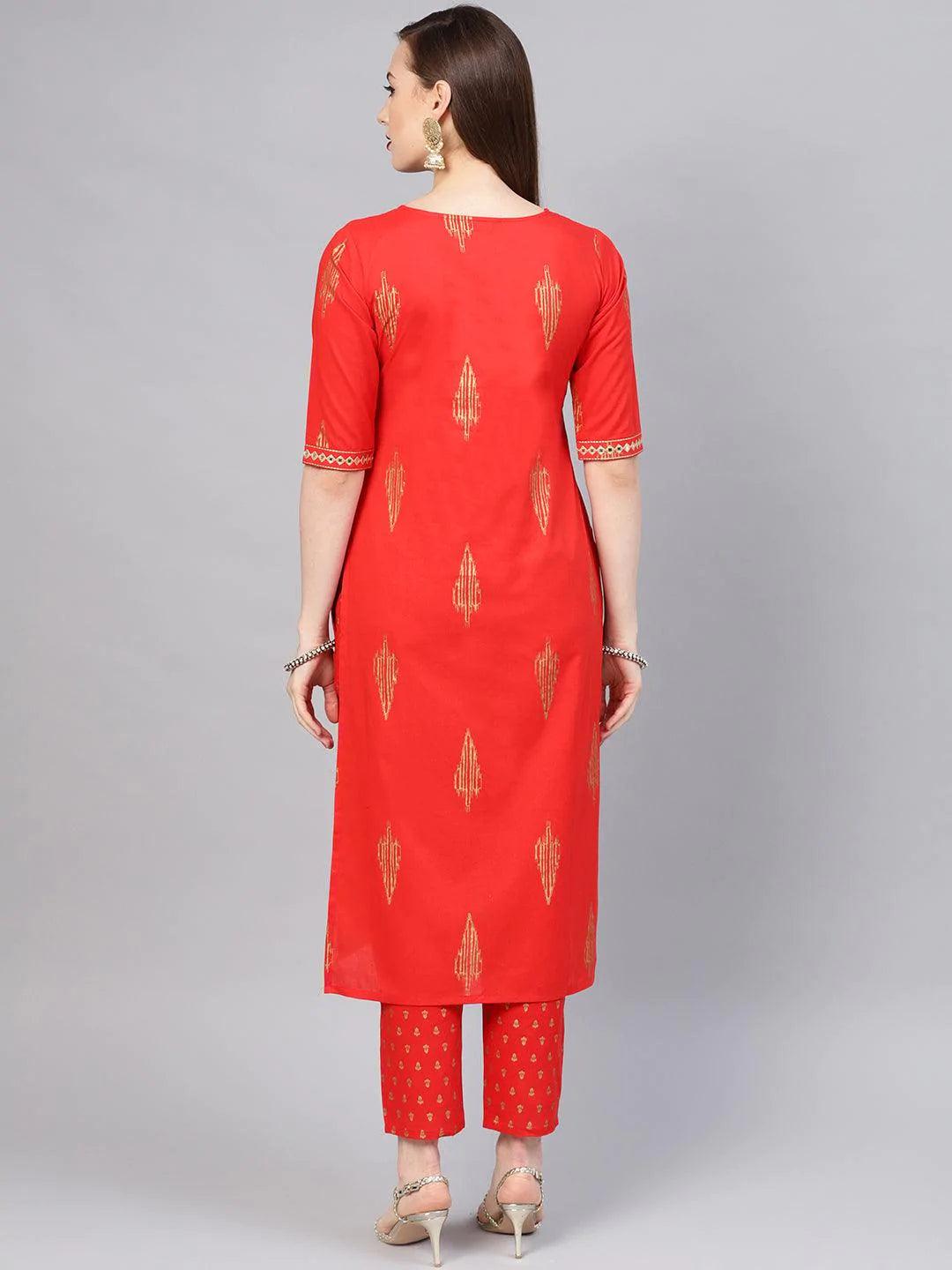 Red Printed Cotton Kurta Set