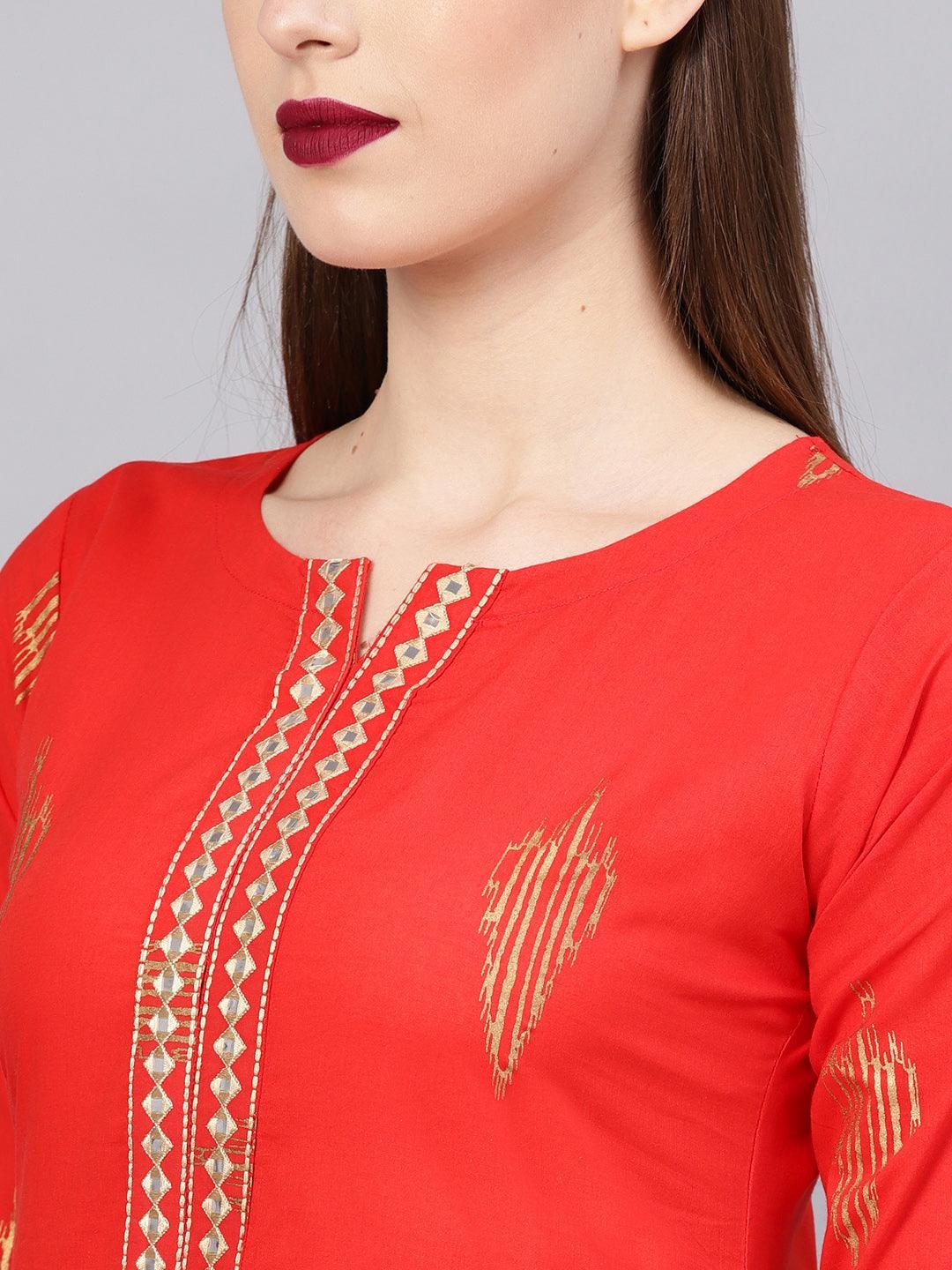 Red Printed Cotton Kurta Set