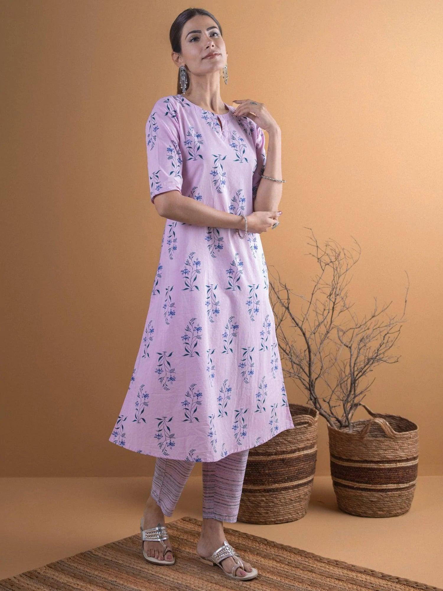 Purple Printed Cotton Kurta Set