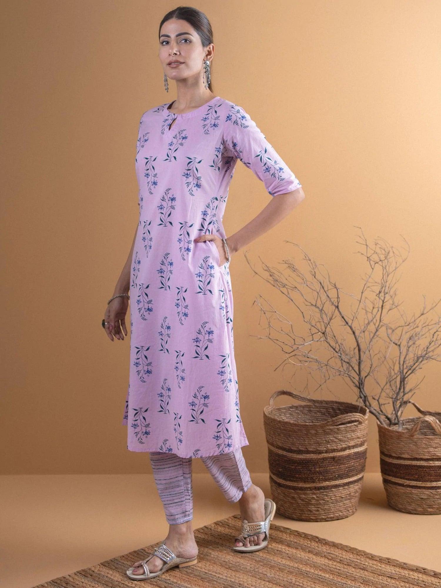 Purple Printed Cotton Kurta Set