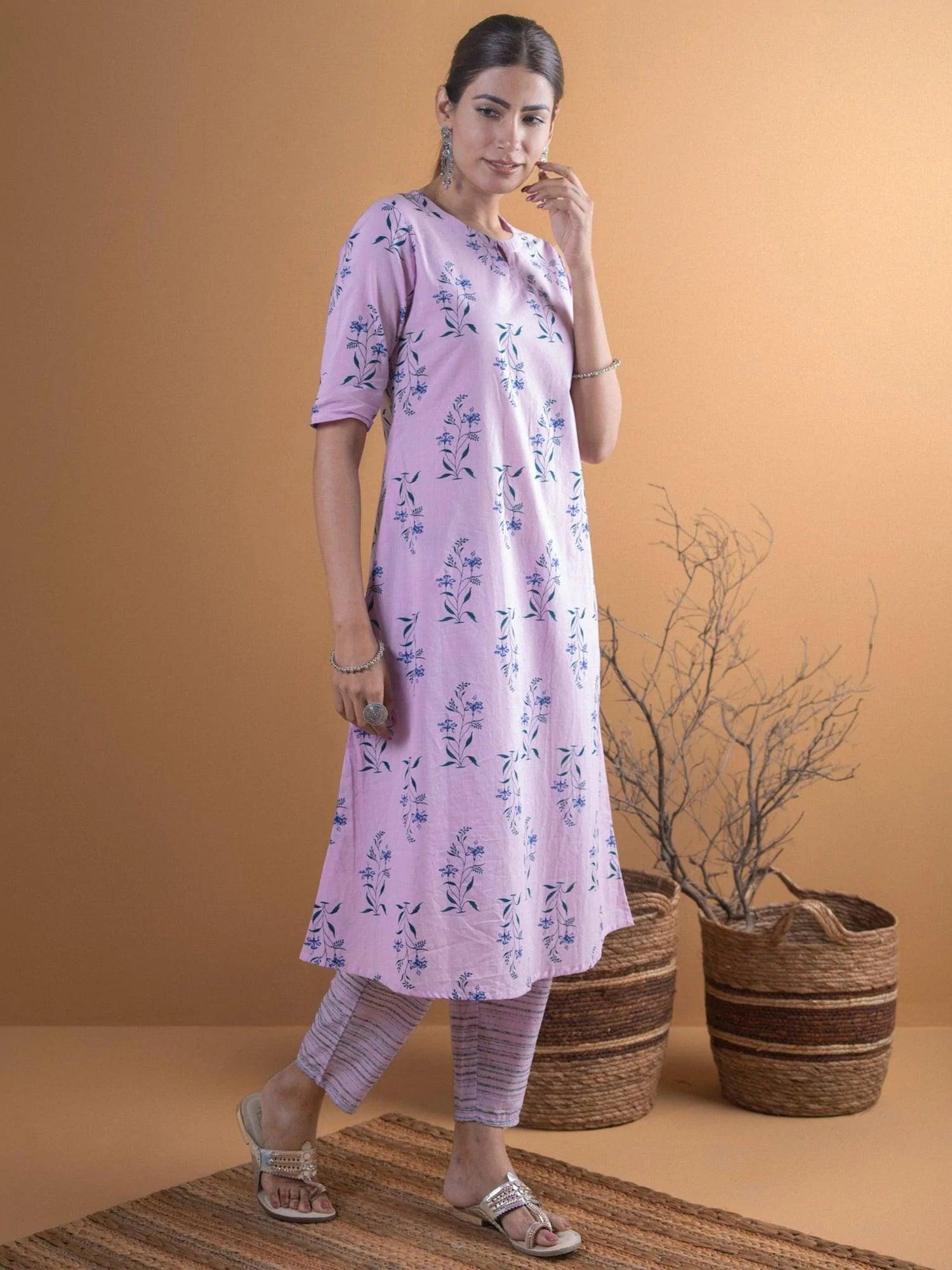 Purple Printed Cotton Kurta Set