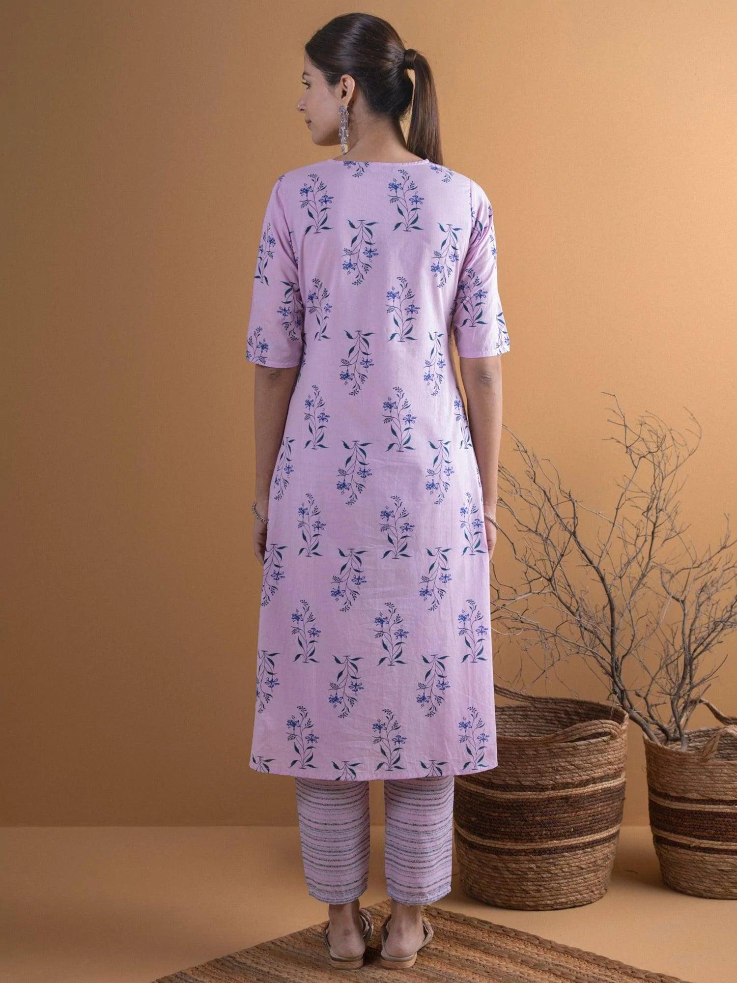 Purple Printed Cotton Kurta Set