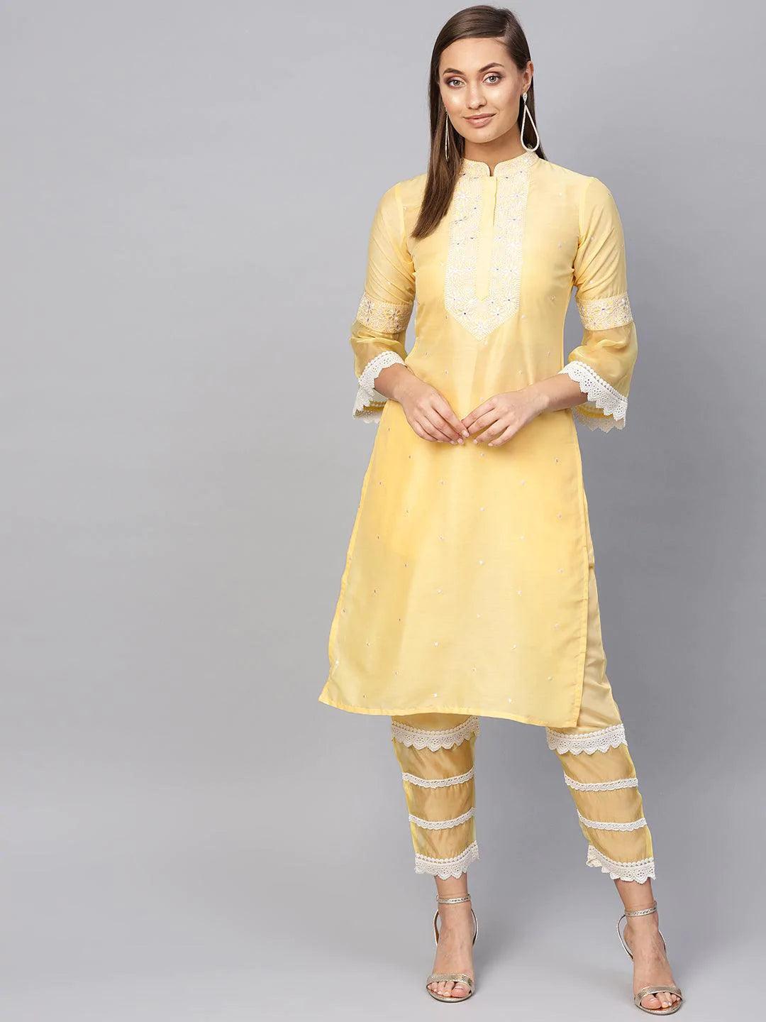 Yellow Embroidered Silk Kurta Set