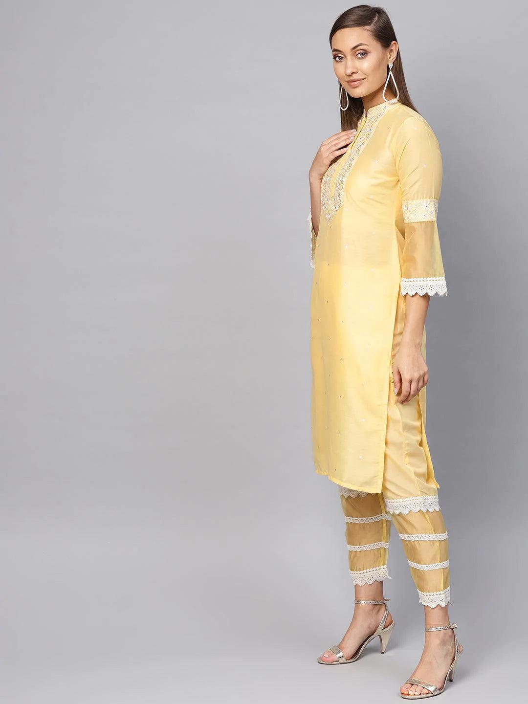 Yellow Embroidered Silk Kurta Set