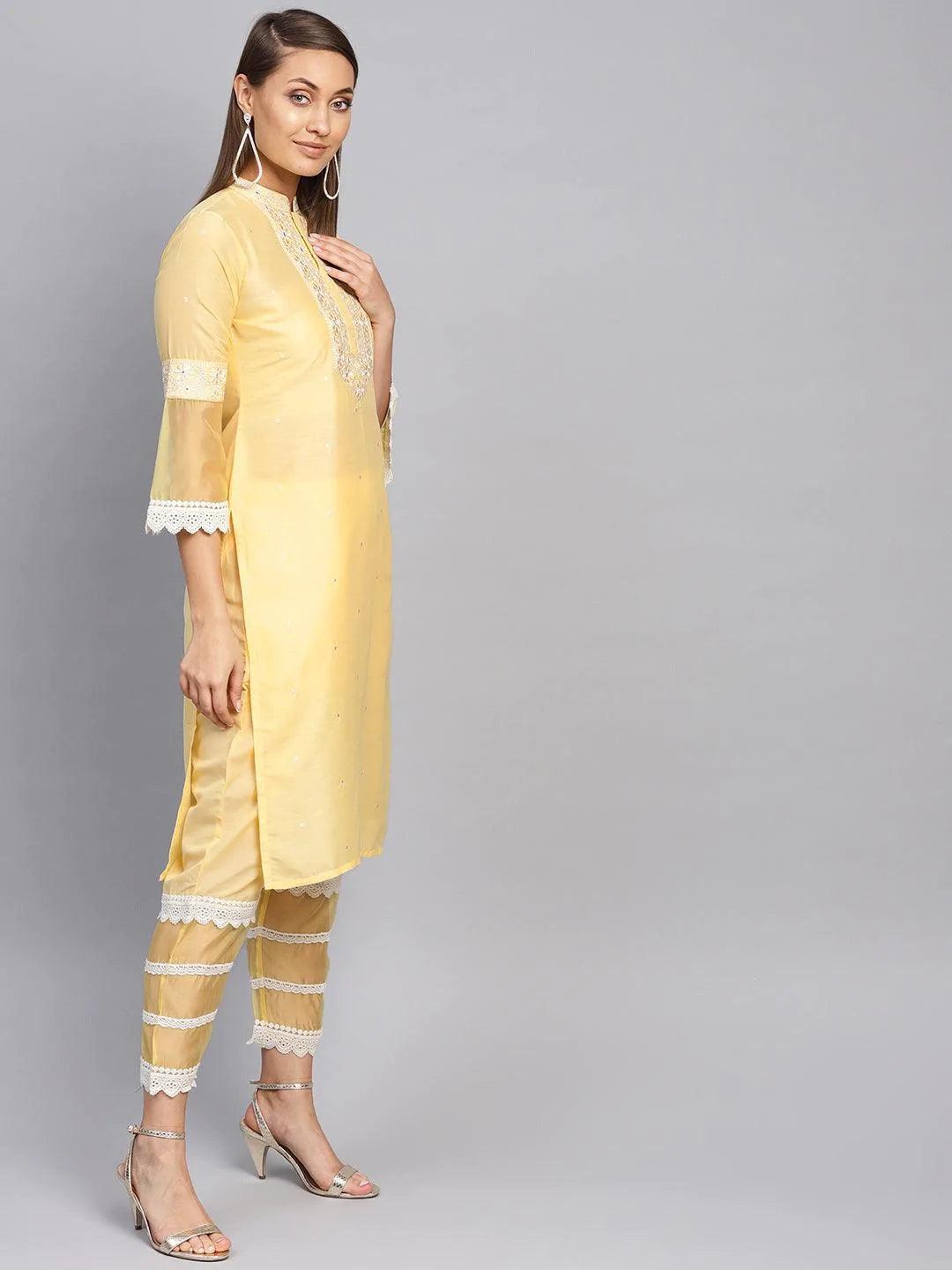 Yellow Embroidered Silk Kurta Set