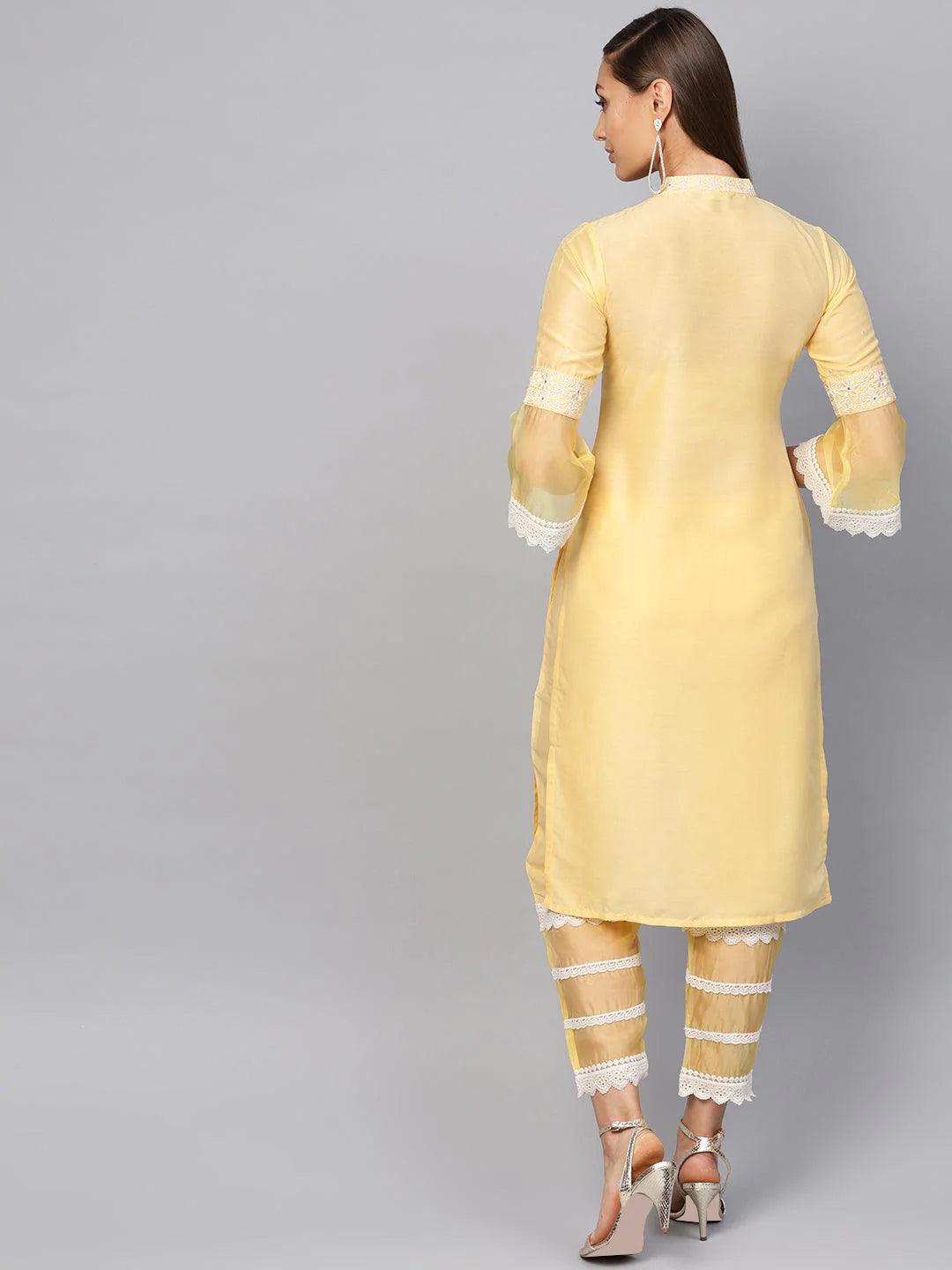 Yellow Embroidered Silk Kurta Set