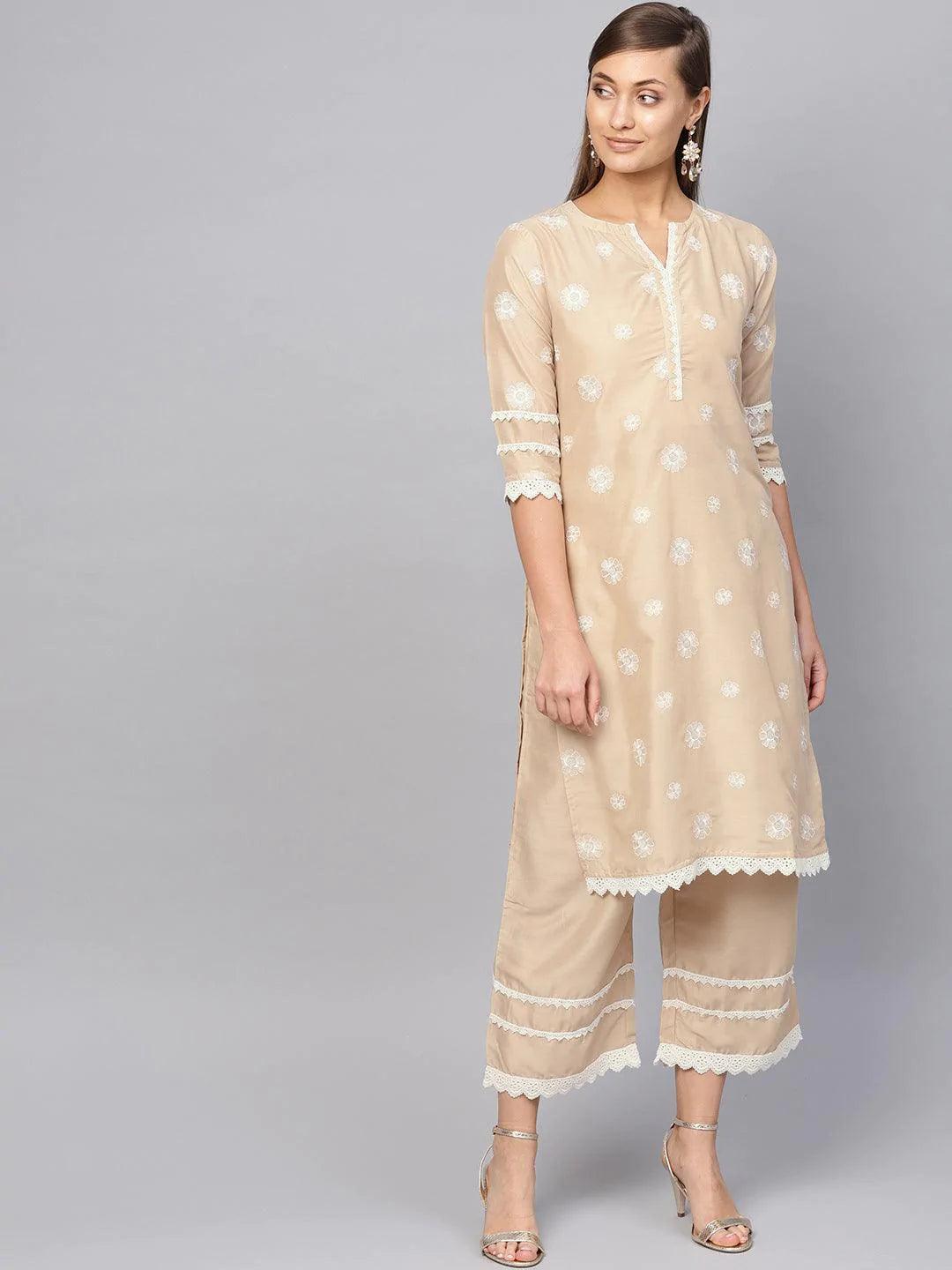 Beige Embroidered Muslin Kurta Set