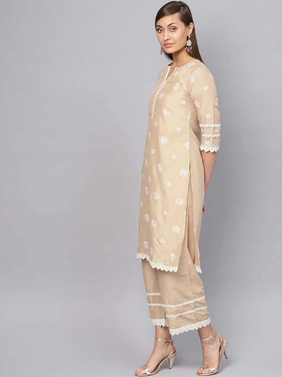 Beige Embroidered Muslin Kurta Set