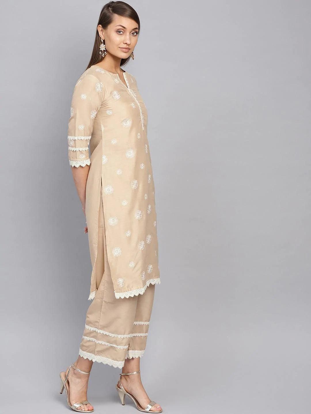 Beige Embroidered Muslin Kurta Set