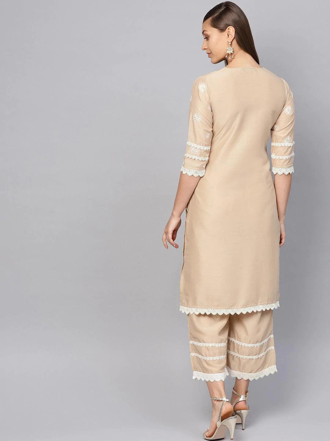 Beige Embroidered Muslin Kurta Set