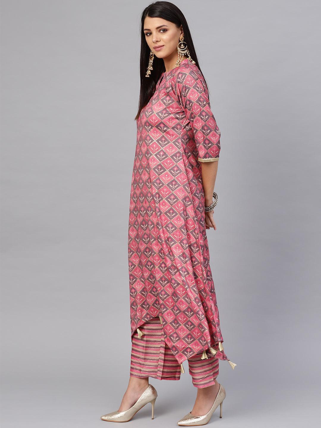 Pink Printed Cotton Kurta Set